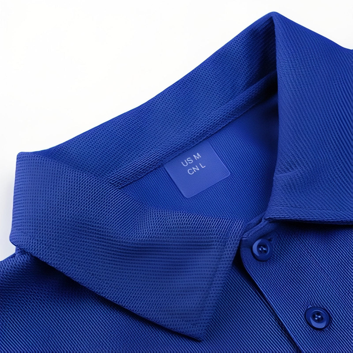 Close-up of a blue polo collar and placket buttons with the size label inside the neck