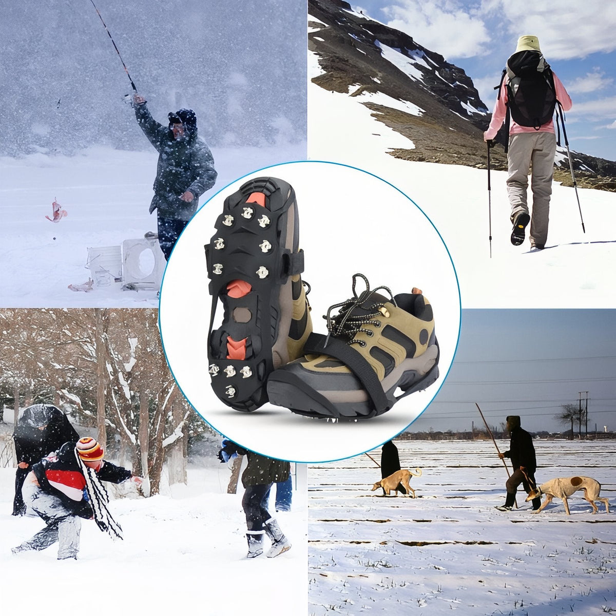 Collage of winter walks, fishing and dog walking on snow, with the ice cleat fitted to a shoe in the centre