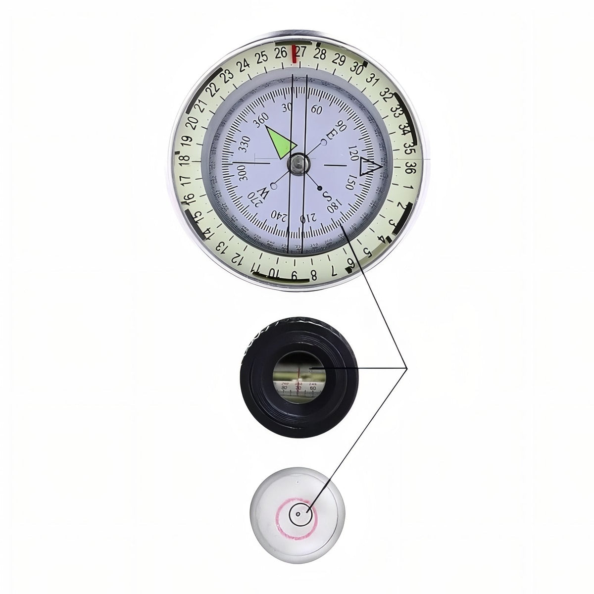 The compass dial with its degree scale, the sighting lens and the bubble level