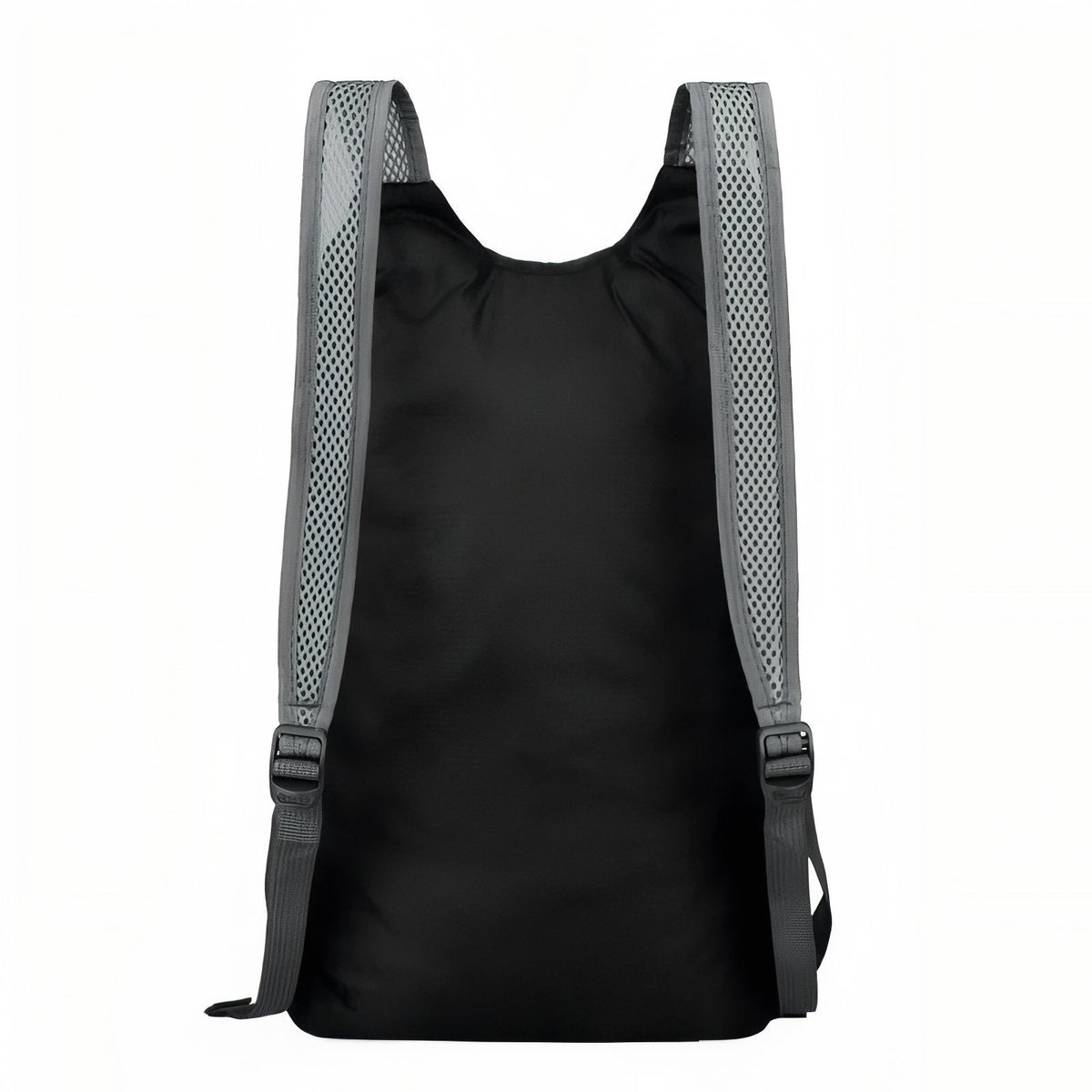 Back view of the black daypack with its grey mesh shoulder straps