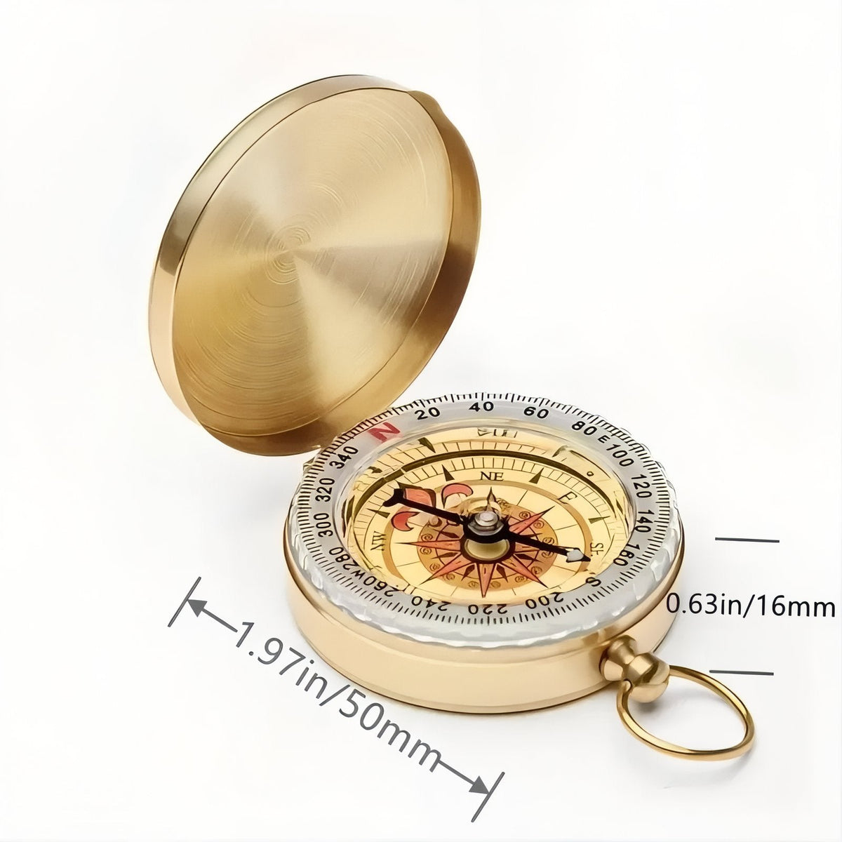 Pocket compass marked 50 mm across and 16 mm deep