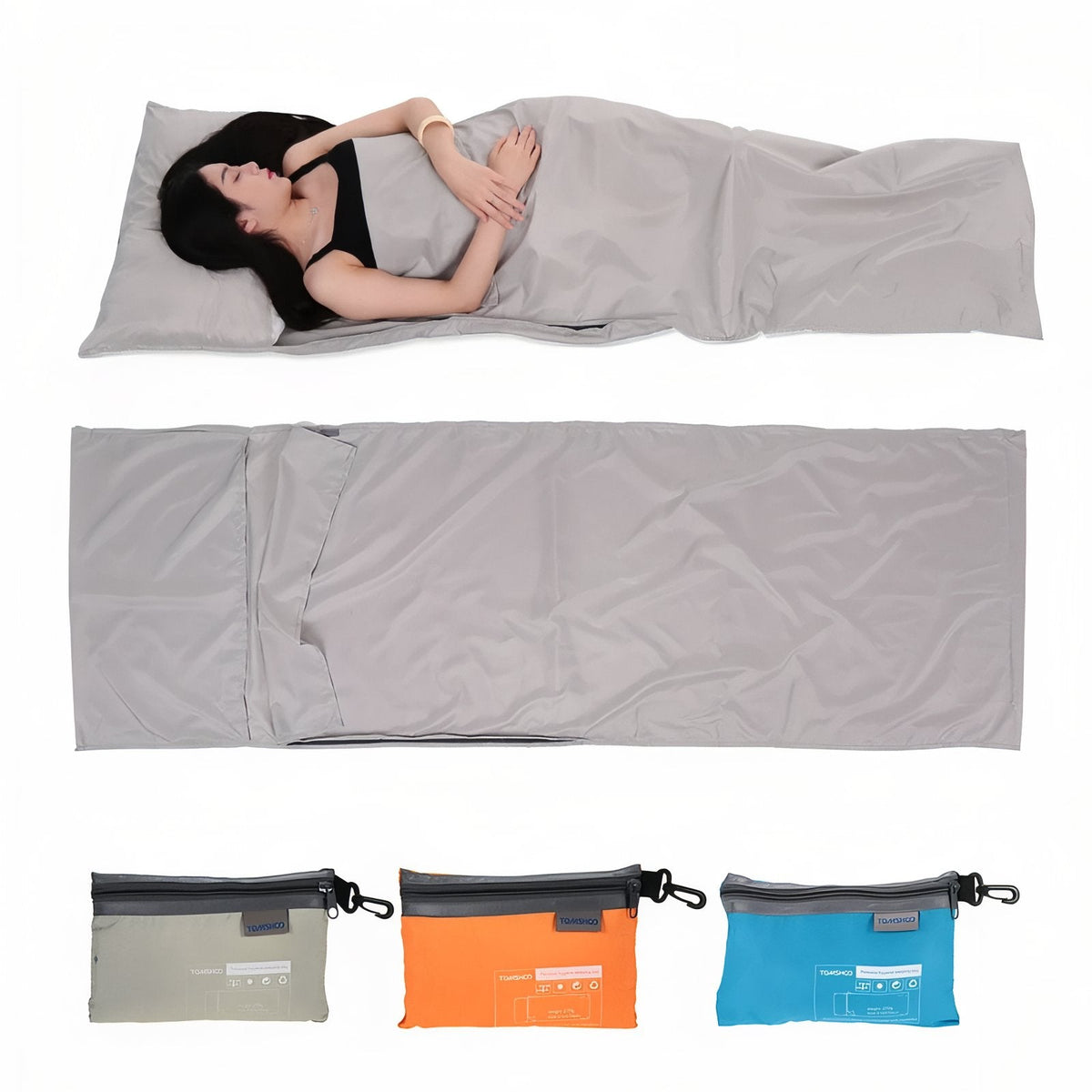 Woman lying in the light grey liner, a flat grey liner and three pouches in grey, orange and sky blue