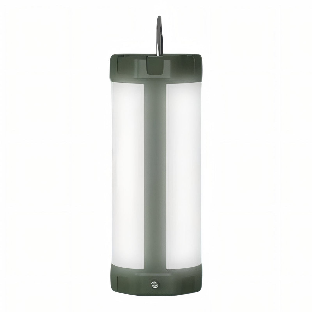 Olive green and white cylindrical camping lantern standing upright, its flat handle folded down the front and a small hook on top
