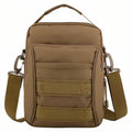 Coyote brown tactical shoulder bag with a carry handle, zipped front pocket, two webbing bands and a shoulder strap, front view