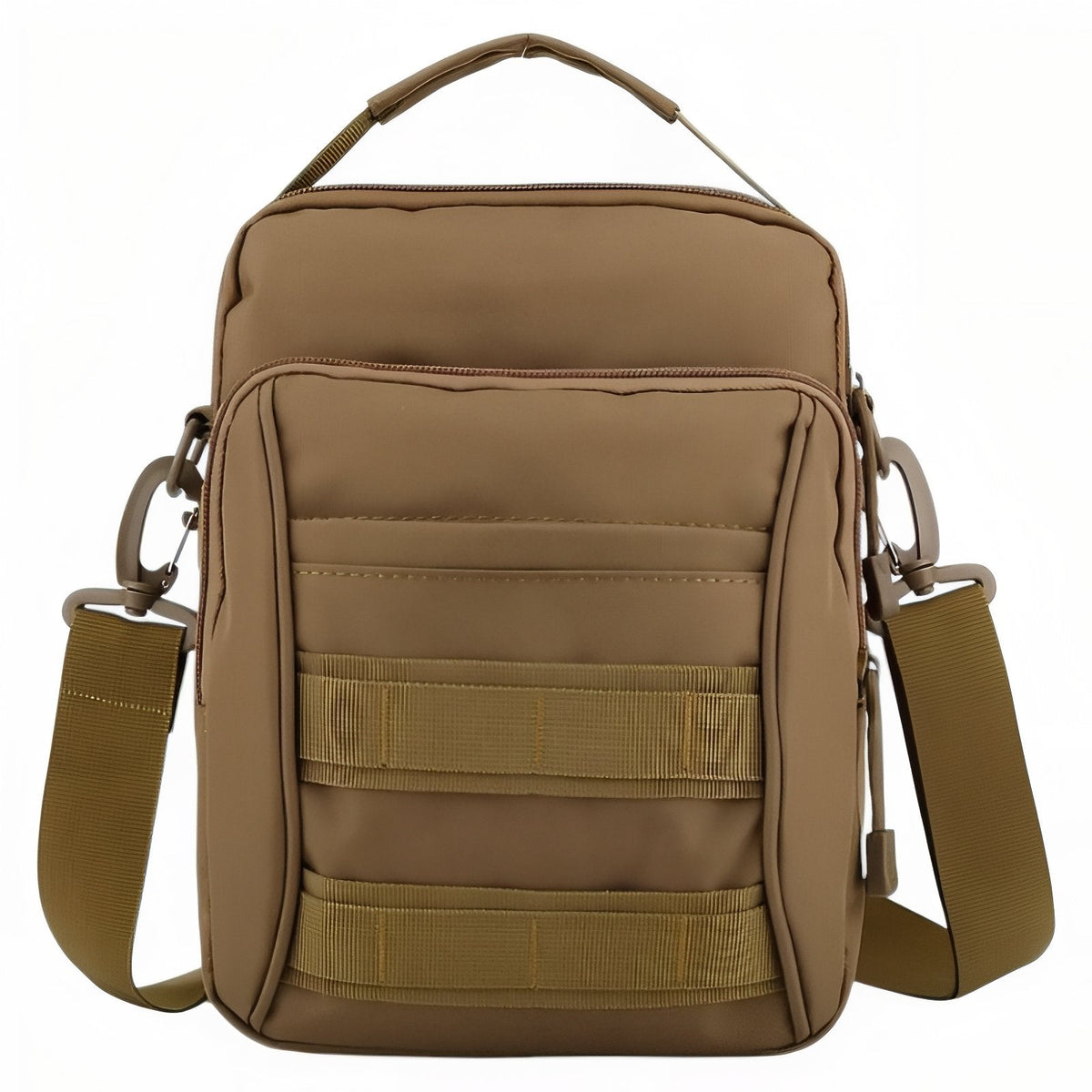Coyote brown tactical shoulder bag with a carry handle, zipped front pocket, two webbing bands and a shoulder strap, front view