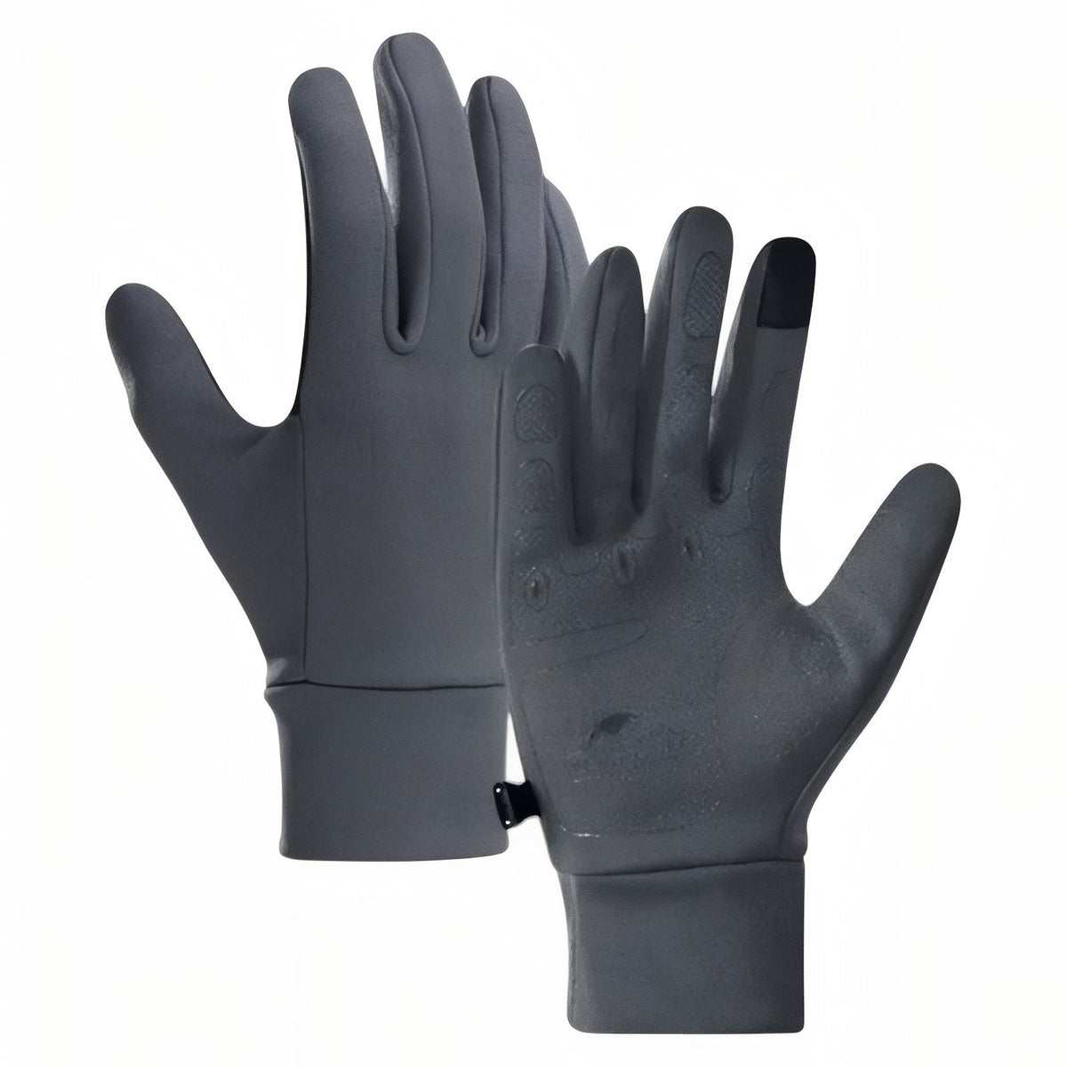 Pair of grey stretch hiking gloves, back and palm, with touchscreen tips on the thumb and index finger