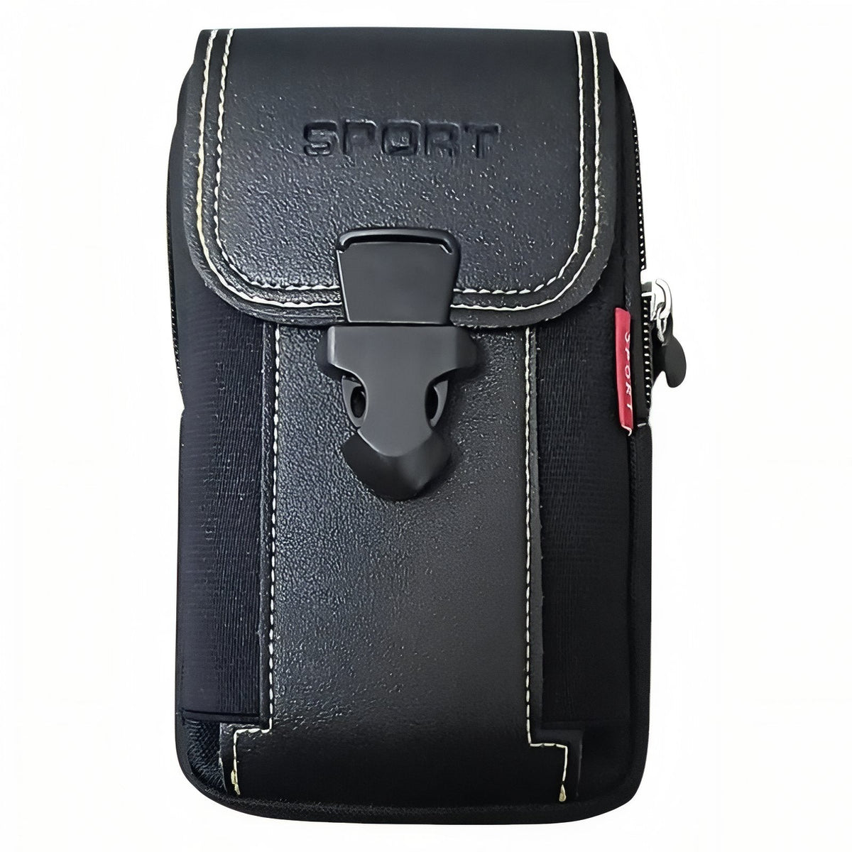 Black vertical belt pouch with a clip-buckle flap, front view