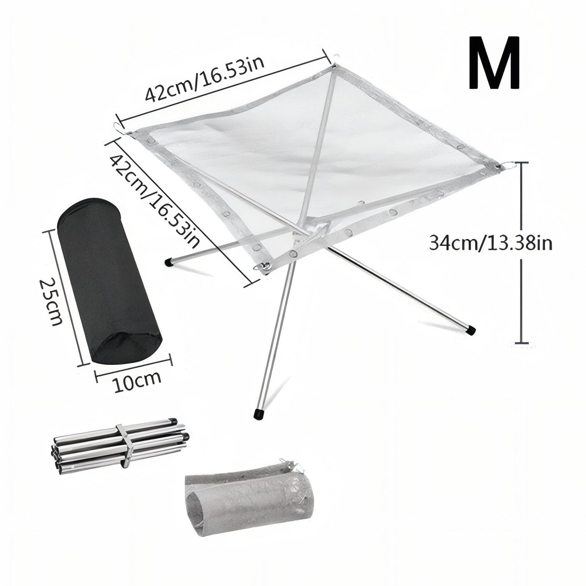 The M fire pit with its sizes marked: 42 x 42 cm mesh, 34 cm high, and its 25 x 10 cm carry bag