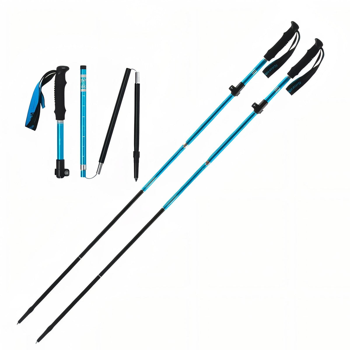 Two blue folding trekking poles with black lower sections, beside one pole taken apart into its folding sections