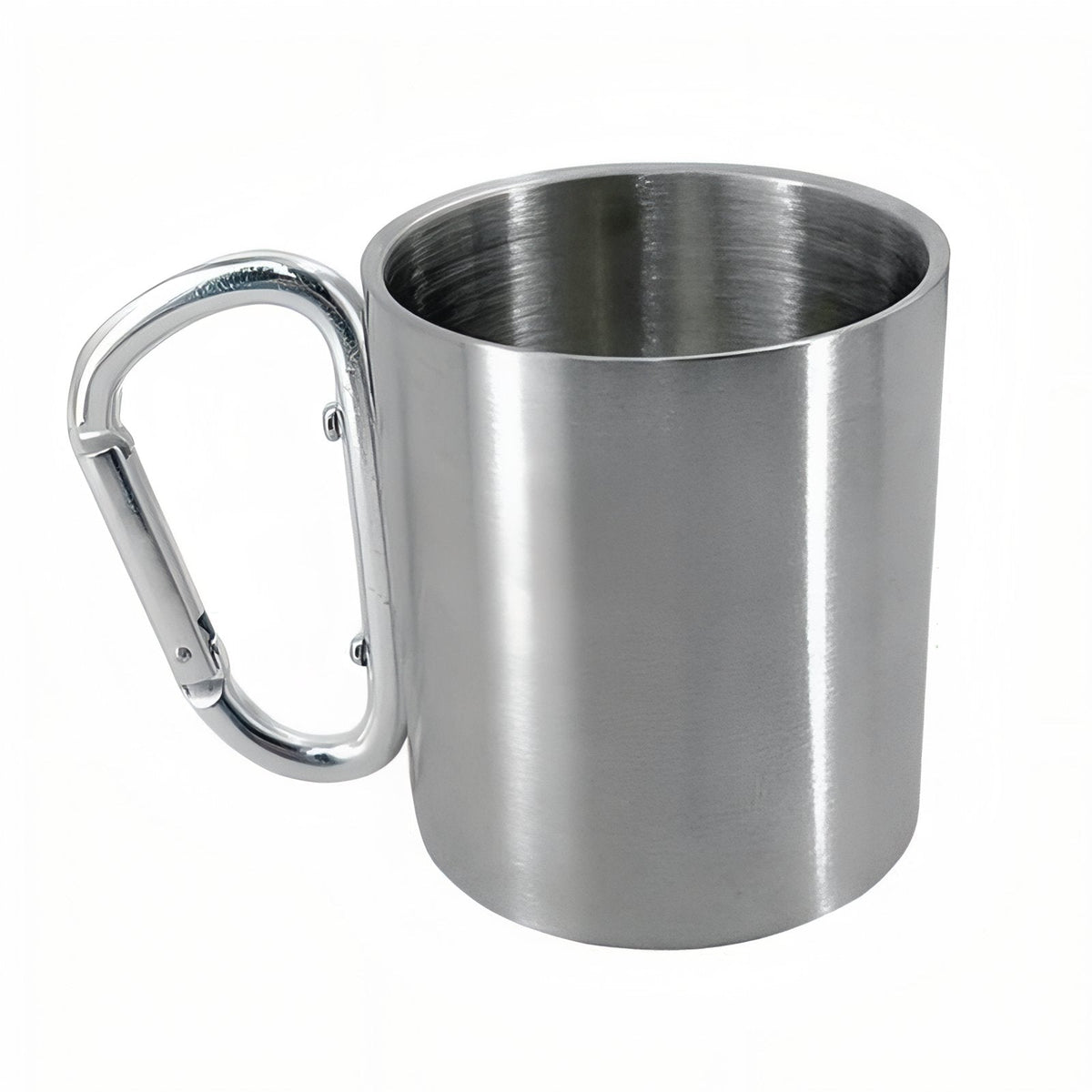 Brushed stainless steel mug with a silver carabiner handle on a white background