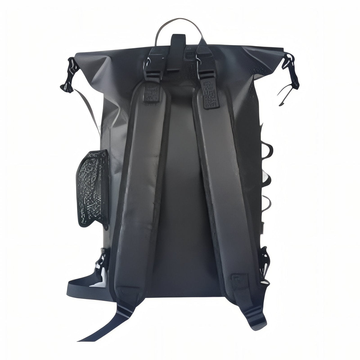 Back of the black roll-top backpack showing the padded shoulder straps and chest strap