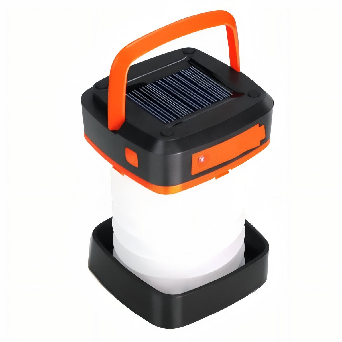 Orange and white collapsible solar lantern, open, on a white background