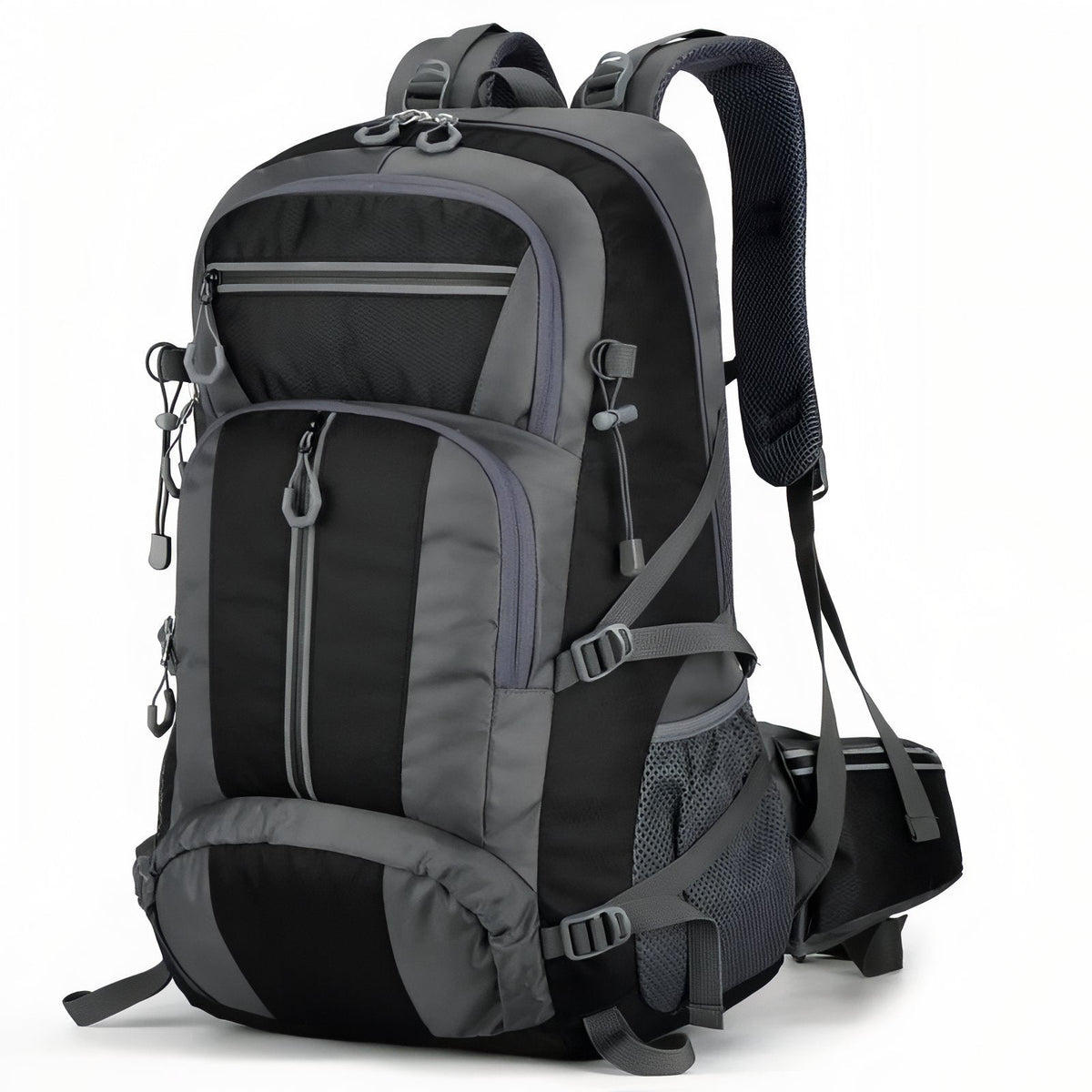Dark grey and black hiking backpack, front three-quarter view