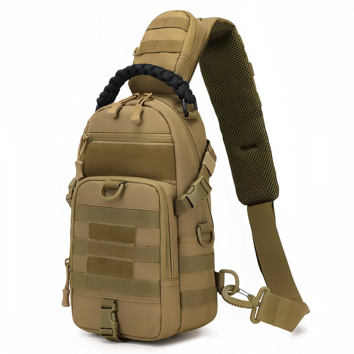 Sand beige one-shoulder sling bag with rows of webbing loops, a braided cord handle and a padded mesh-backed strap