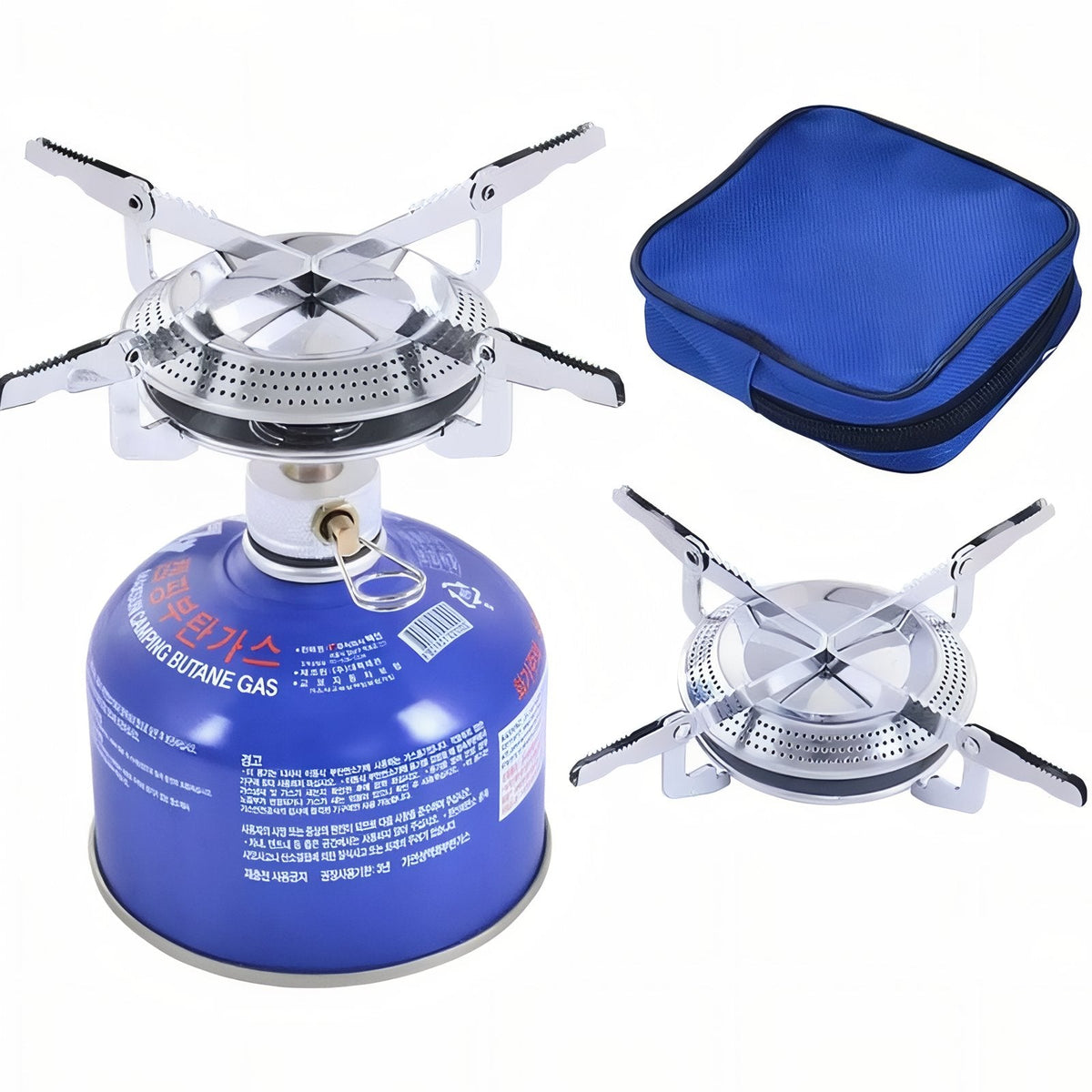 Silver camping stove screwed onto a blue gas canister, beside its folded twin and the blue carry pouch