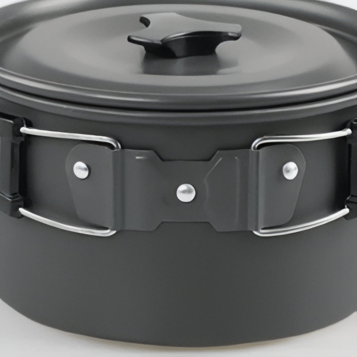 Close-up of the pot's lid knob and its folding wire handles