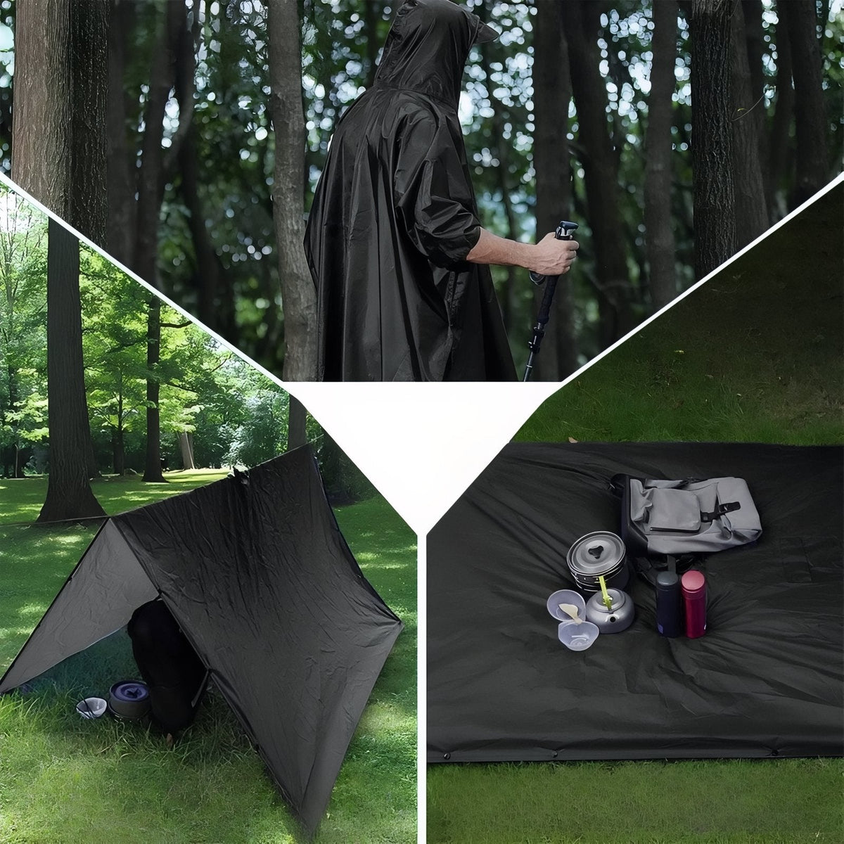 Black poncho worn in a forest, pitched as a low tarp shelter and spread as a ground sheet with camp gear