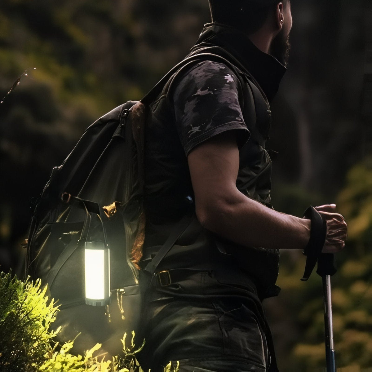 Hiker at night with the lantern hanging lit from the side of his backpack