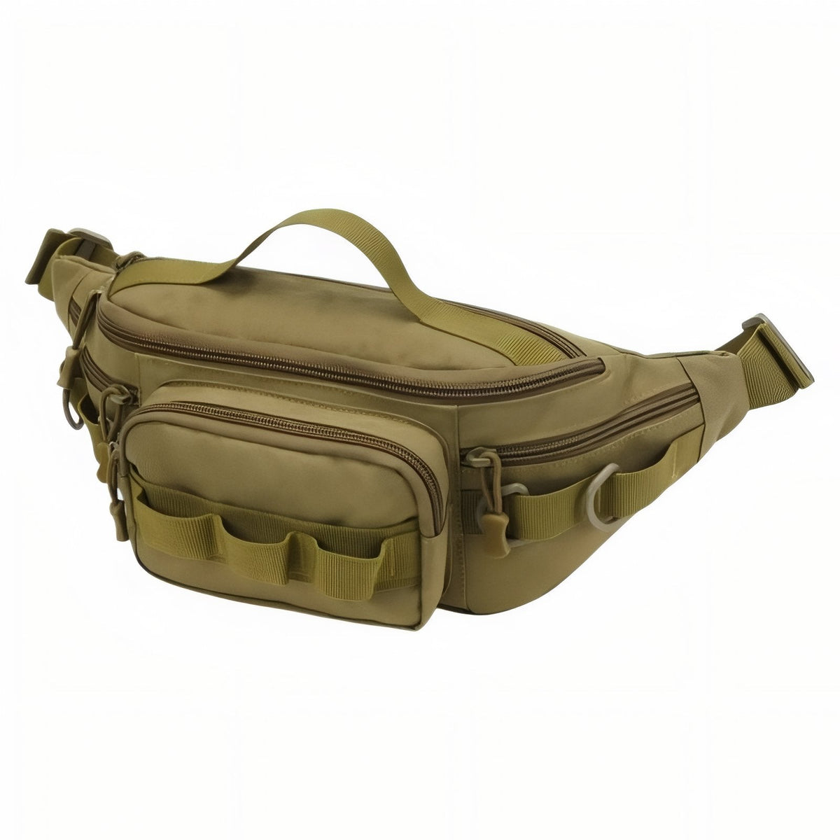 Khaki hip pack with a top grab handle and front gear loops
