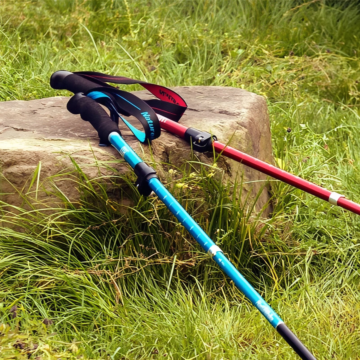 Two trekking poles, one blue and one red, lying across a rock in the grass