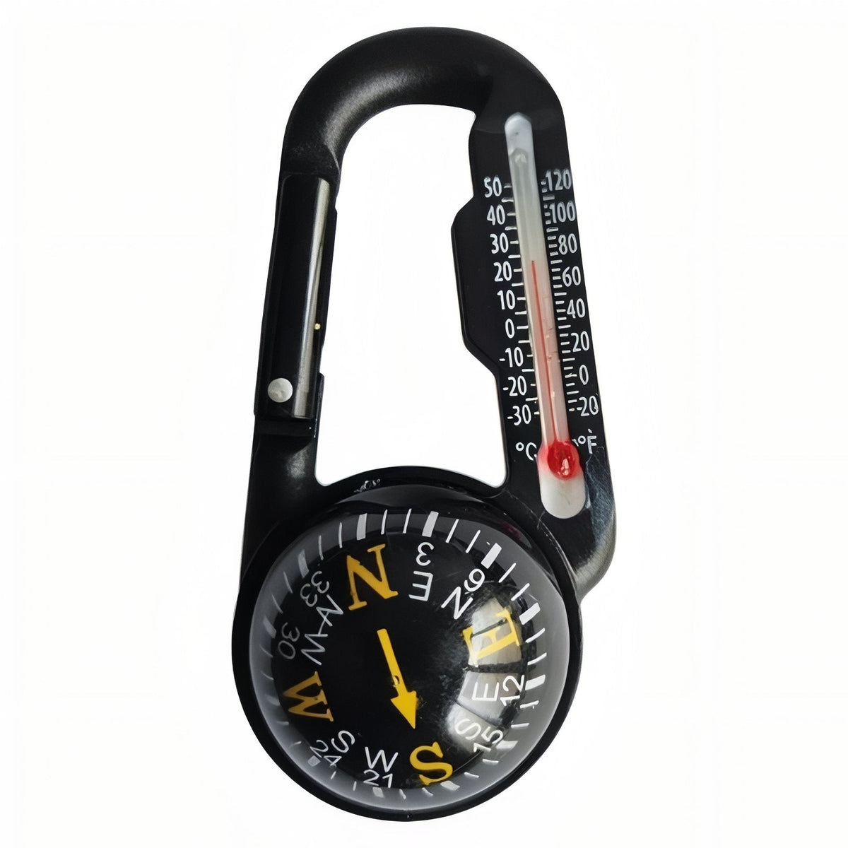 Compass carabiner with a black dial and orange-yellow markings, thermometer beside it