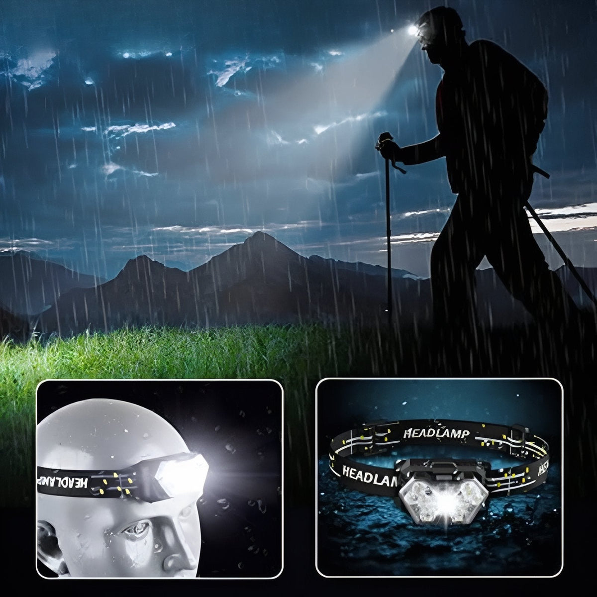 Hiker with poles walking in the rain at night lit by the headlamp, with insets of the lamp on a head