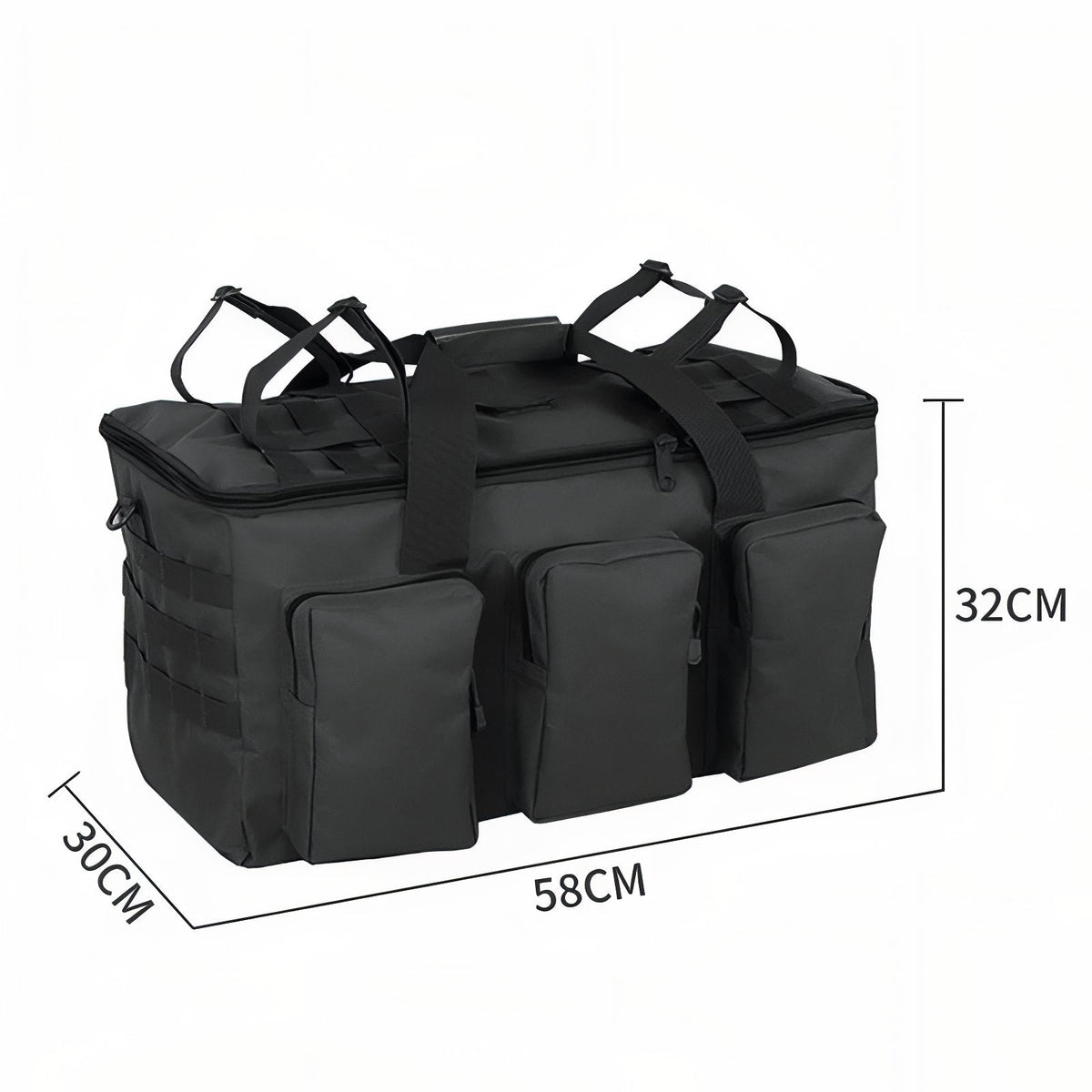 Black 55 L tactical duffel bag with its size marked: 58 cm long, 30 cm deep and 32 cm tall