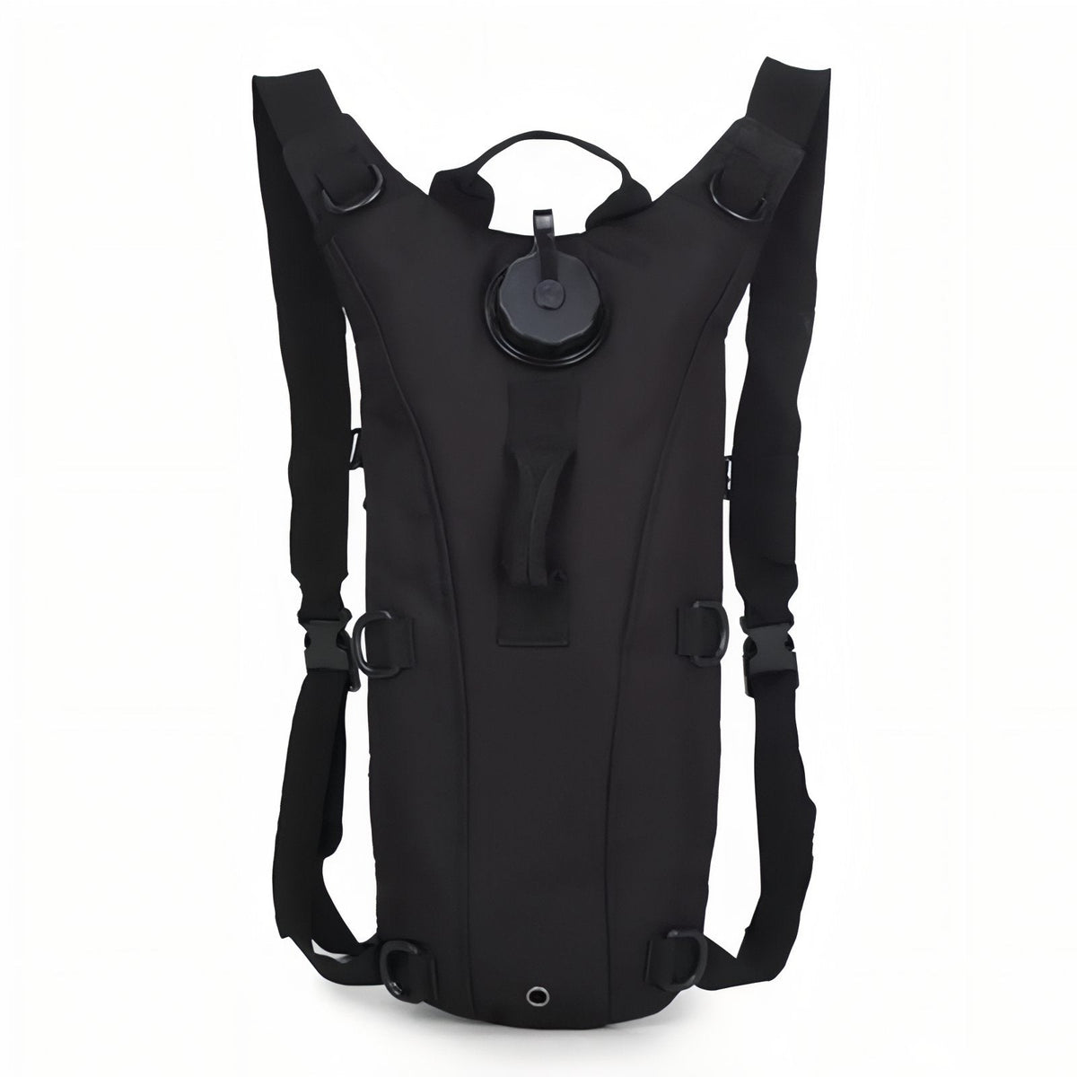 Front of the black hydration pack with its round cap and four D-rings