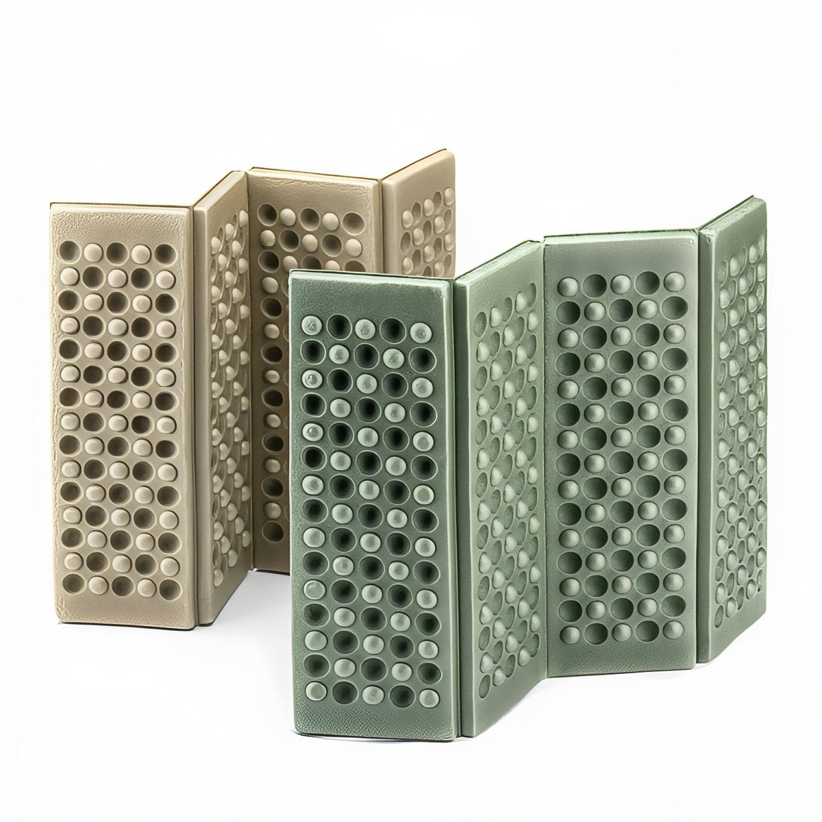 A khaki and a sage green sit pad standing half folded, showing the four panels of each