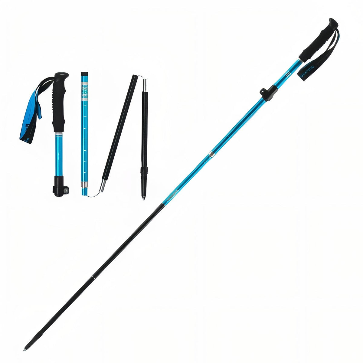 Blue folding trekking pole extended, with its folding sections laid out beside it