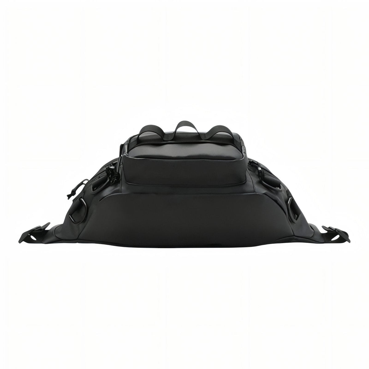 Black hip pack seen from the back, with the waist belt spread out