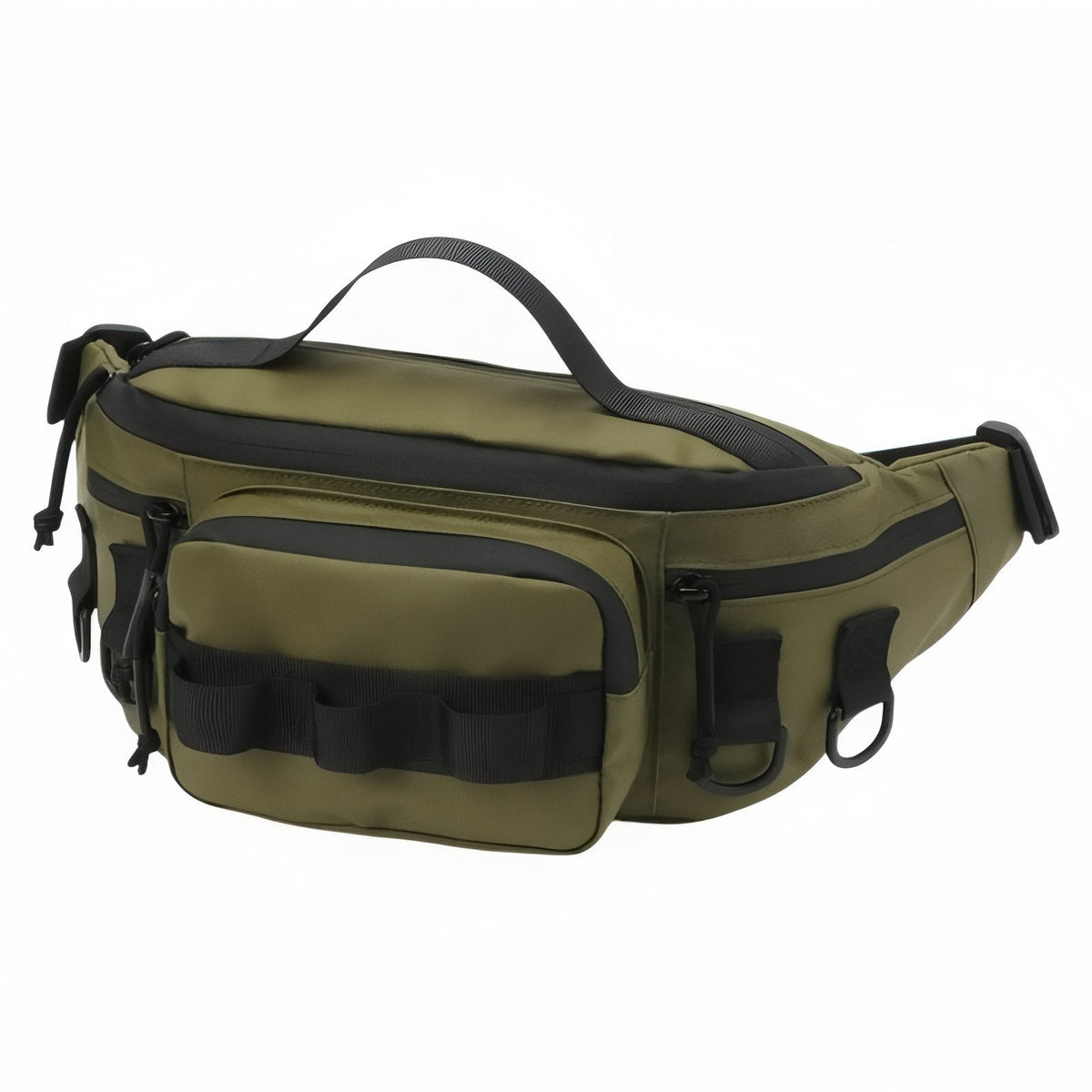 Olive green hip pack with black trim, top handle and front gear loops