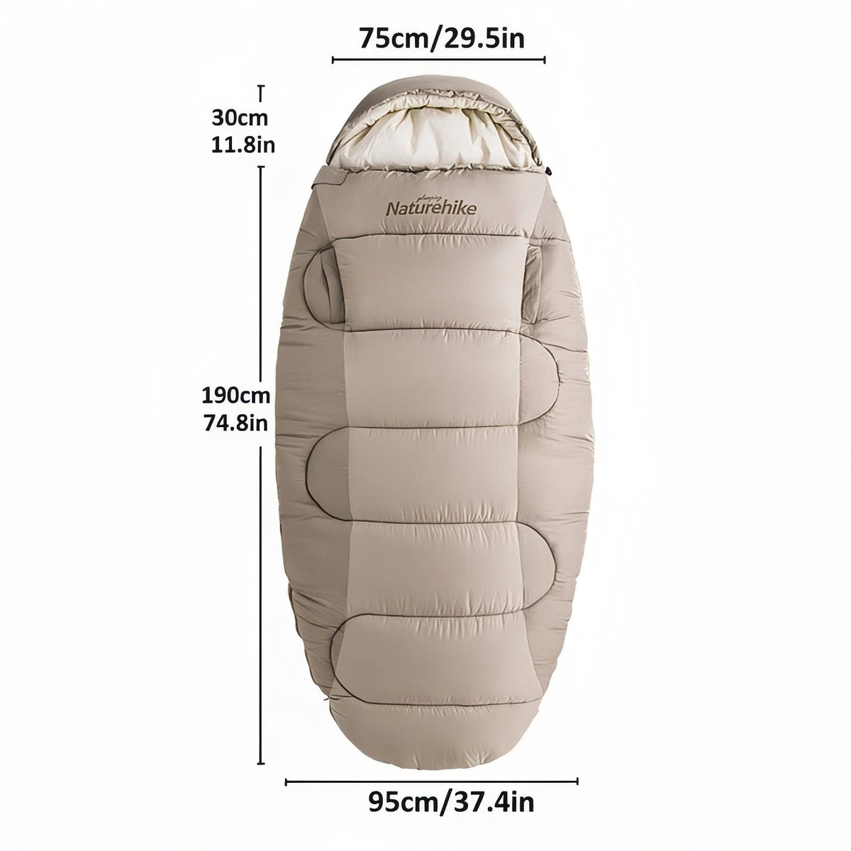 The light beige sleeping bag with its dimensions marked: 190 cm body, 30 cm hood, 75 cm across the head and 95 cm at the widest