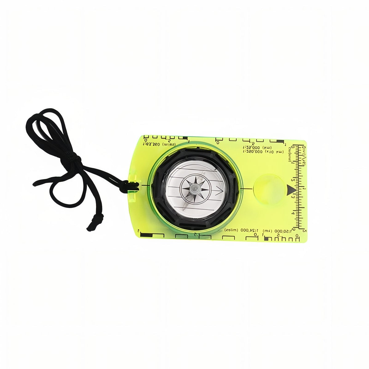 Neon yellow baseplate compass seen from the back, with the lanyard attached