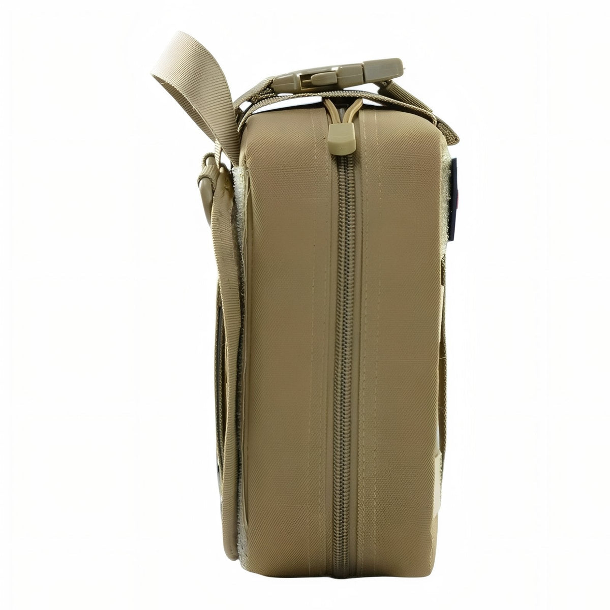 Side view of the khaki first aid pouch showing the zip and top handle