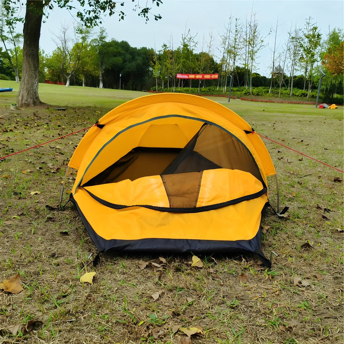 Yellow bivy tent pitched on a campsite with its head end open, guy lines out