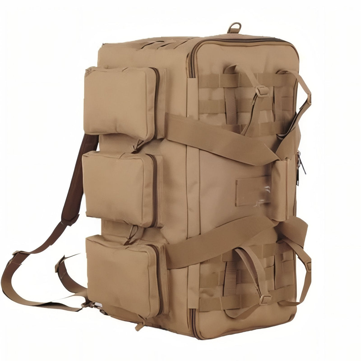 The coyote brown duffel stood on end with backpack straps, side view