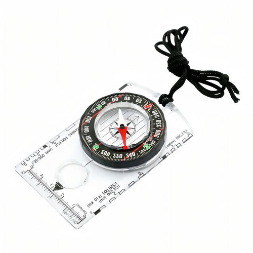 Clear baseplate compass with a black and red bezel, magnifier lens, printed map scales and a black neck lanyard