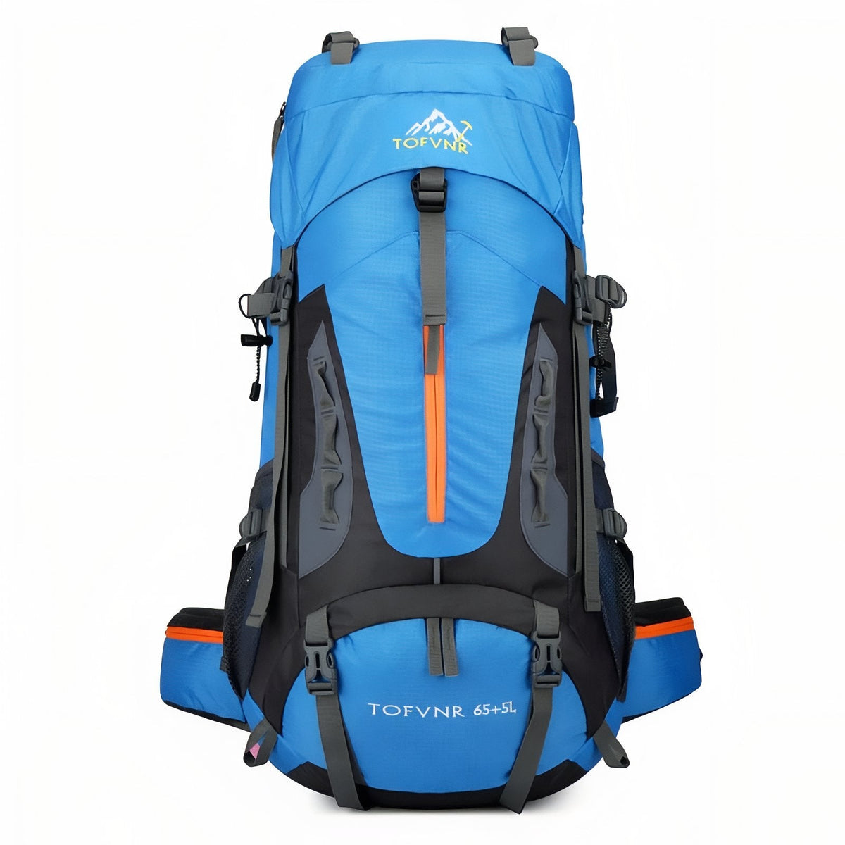 Sky blue hiking backpack with black panels and an orange zip, front view