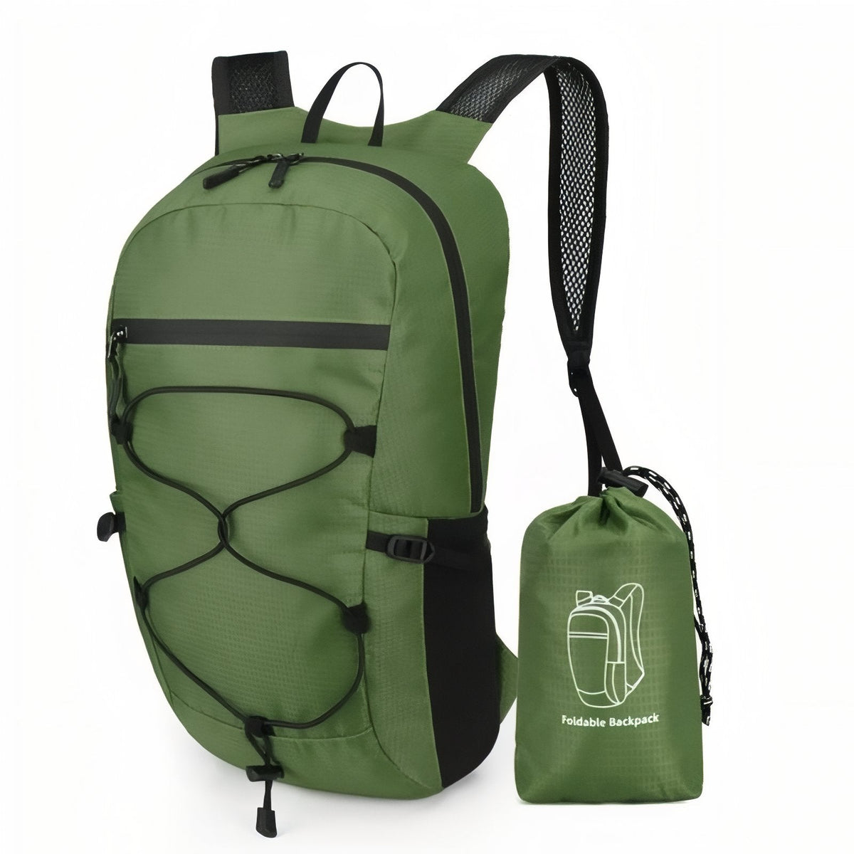 Army green packable daypack with a black bungee cord, beside its matching stuff pouch