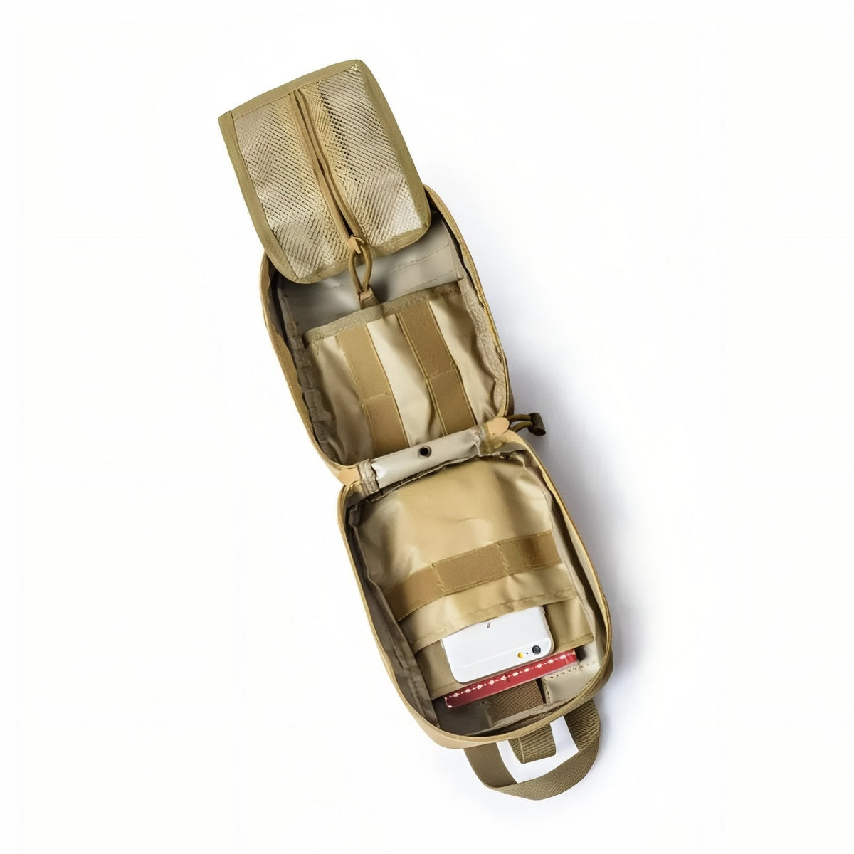 Khaki first aid pouch opened flat, showing the mesh lid pocket and elastic loops inside