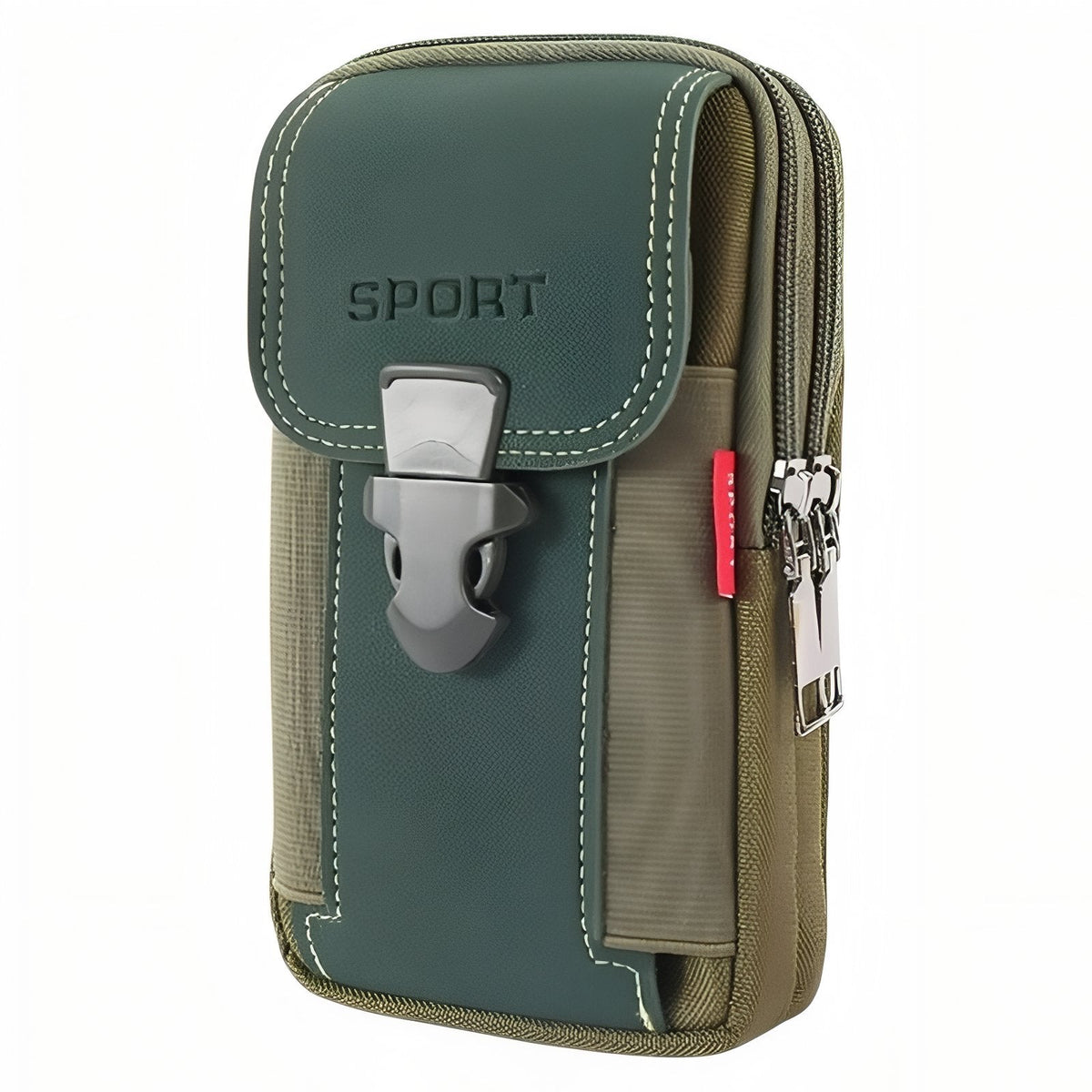 Olive green vertical belt pouch with a clip-buckle flap, front view