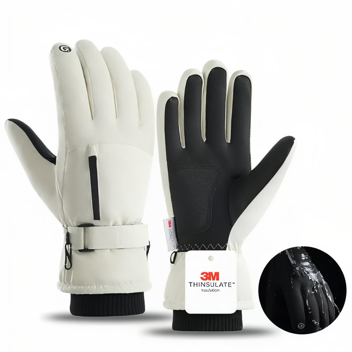 Pair of white winter hiking gloves with black palms, a zip pocket on the back of the hand and a wrist strap, with a water-bead close-up inset
