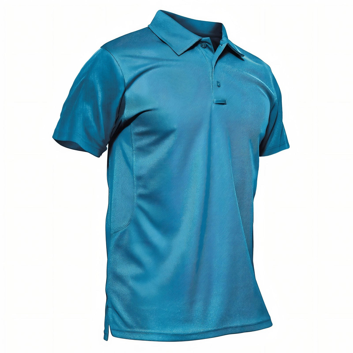 Men's teal blue short-sleeved hiking polo shirt seen from the front at an angle