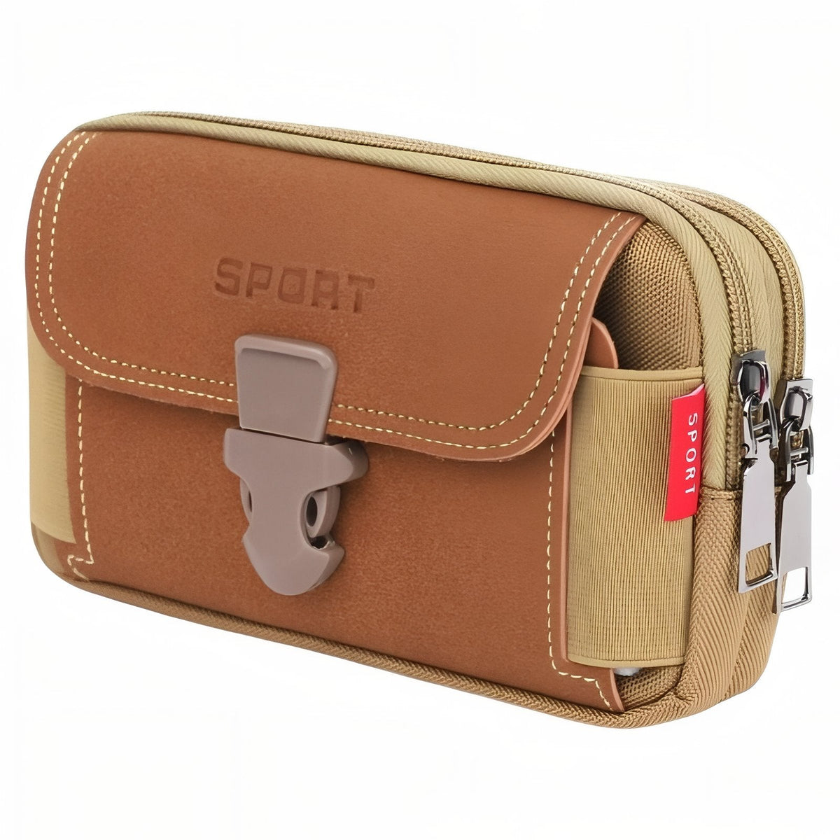 Brown and tan horizontal belt pouch with a clip-buckle flap and two zips