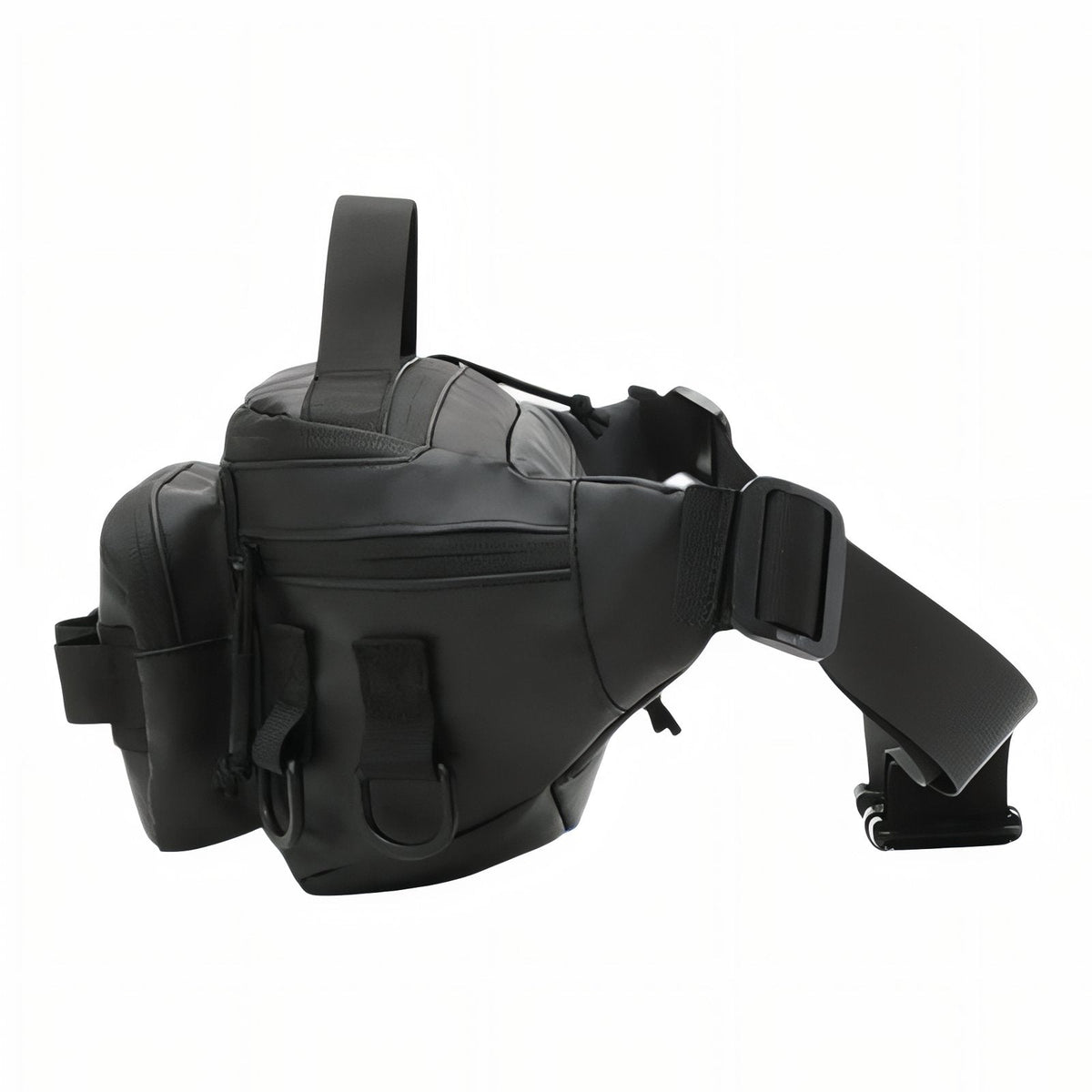 Black hip pack seen from the side with its belt and top handle