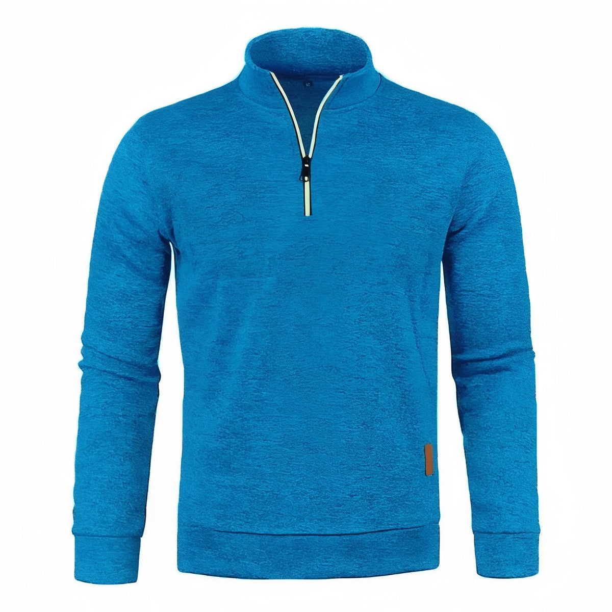 Bright blue heathered men's quarter-zip pullover with light zip piping, front view
