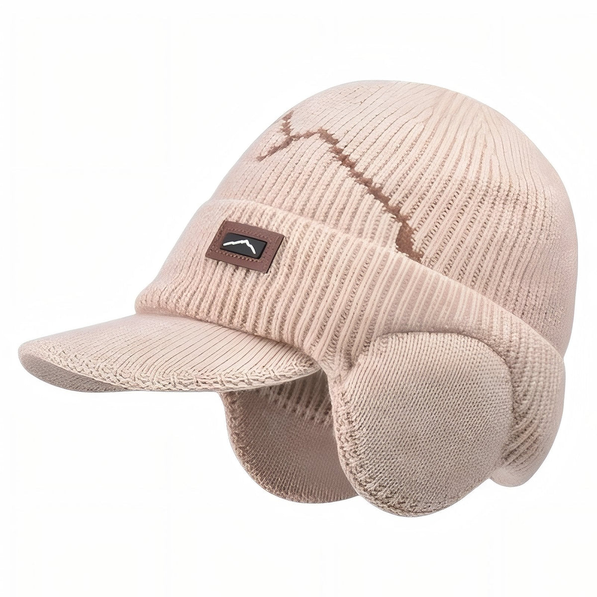 Light beige knitted peaked beanie with round ear flaps and a brown contrast line