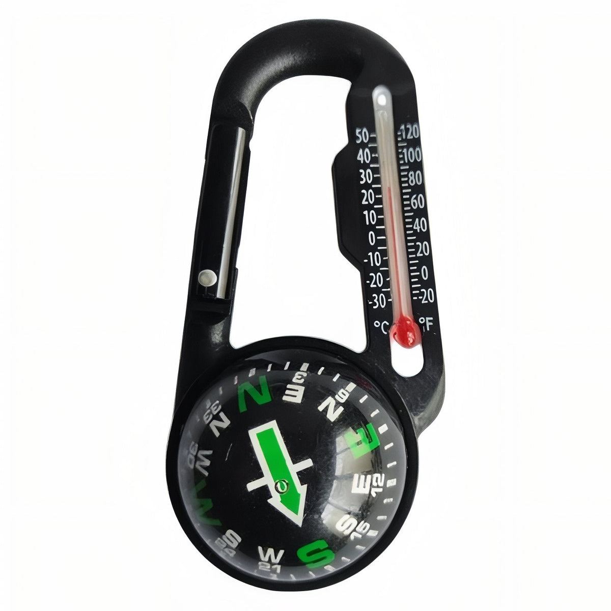 Black compass carabiner with a thermometer and a black compass dial with green markings