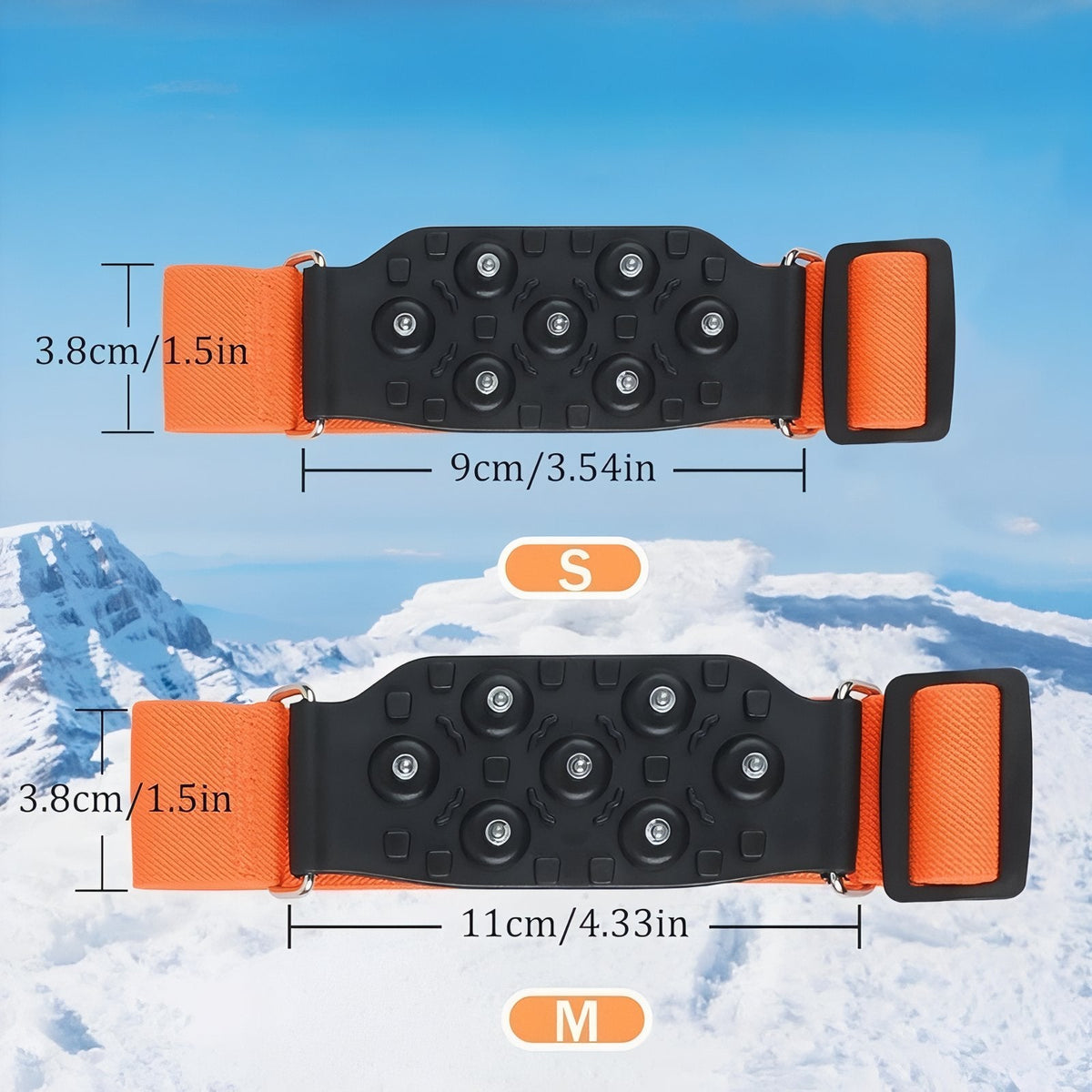 Size diagram of the two ice cleat pads with seven studs: S 9 cm long and M 11 cm long, both 3.8 cm wide
